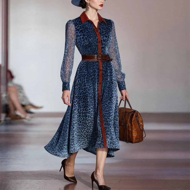 Women's Fashion Leopard Print Lapel Dress Long Sleeve Button-Down Maxi Dress For Spring Fall