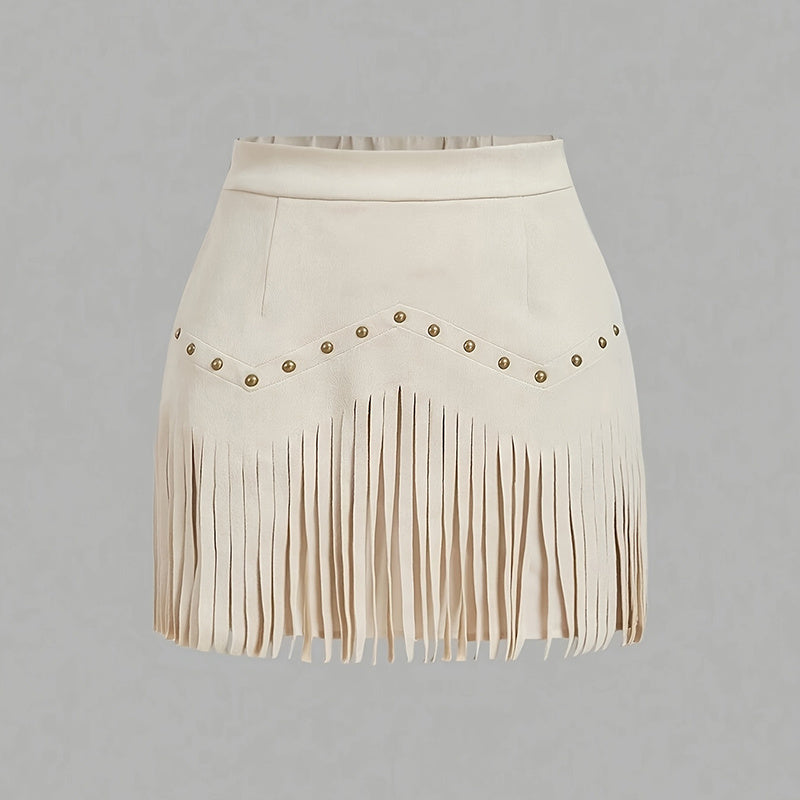 Women's Solid Color Fringe Mini Skirt, Western Style A-Line Denim Skirt With Decorative Buttons For Spring And Summer