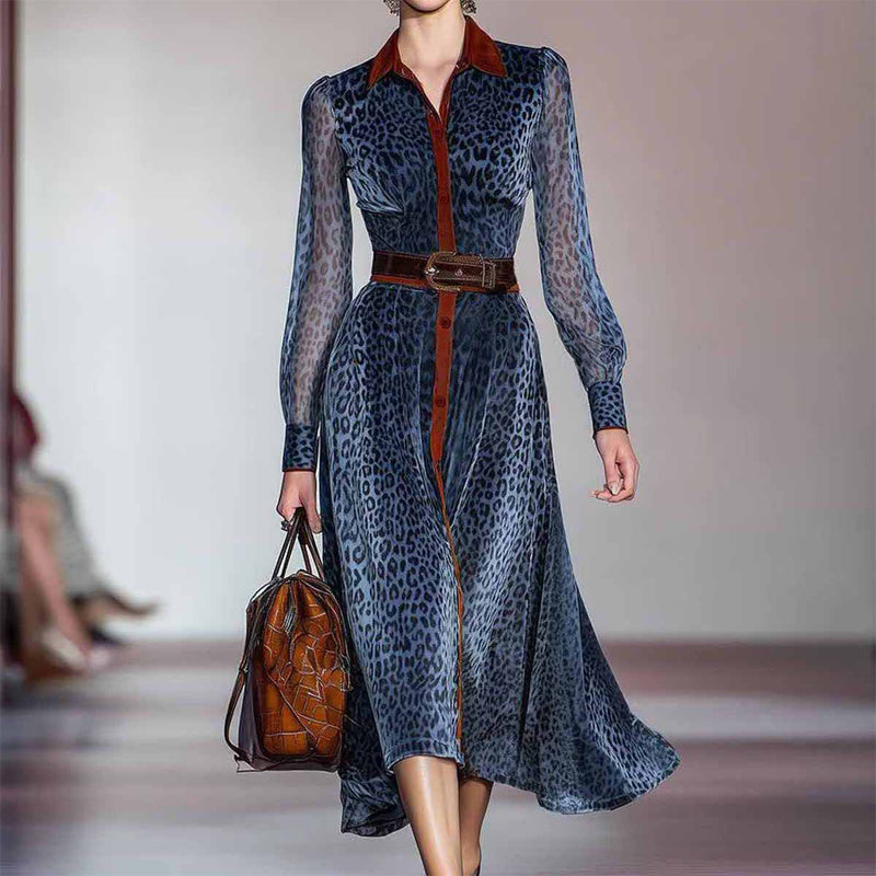 Women's Fashion Leopard Print Lapel Dress Long Sleeve Button-Down Maxi Dress For Spring Fall