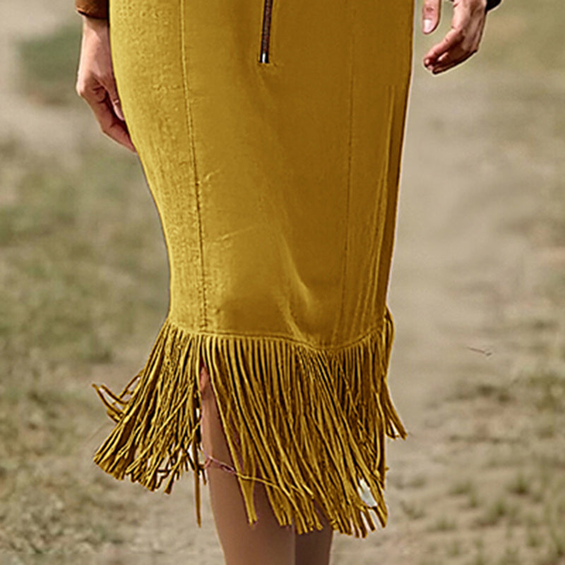 Women's Lapel Collar Maxi Dress With Fringe Hem, Contrast Trim Half-Zip Bodycon Long Dress For Spring And Fall