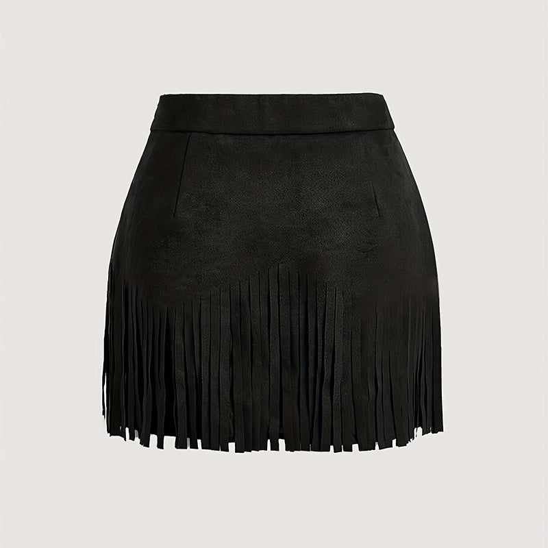 Women's Solid Color Fringe Mini Skirt, Western Style A-Line Denim Skirt With Decorative Buttons For Spring And Summer