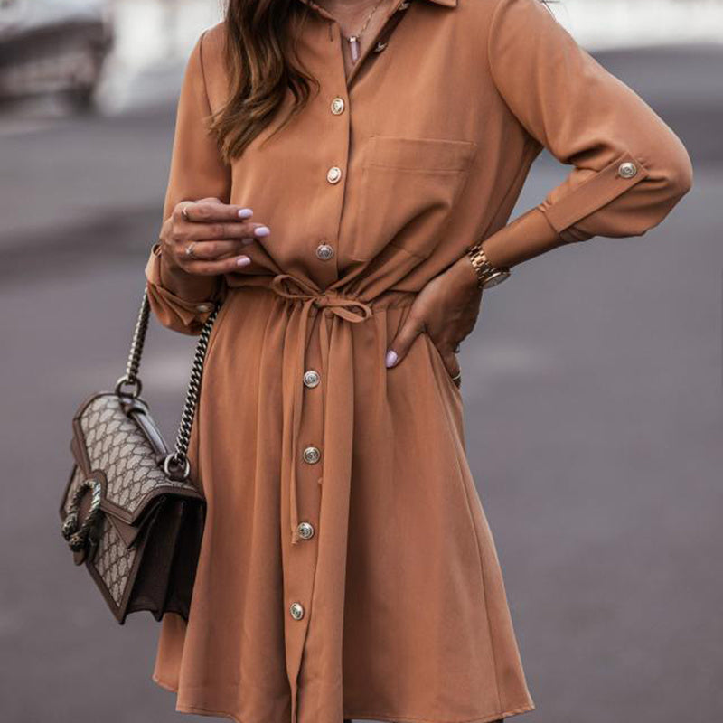 Women's Elegant Lapel Belted Shirt Dress, Long Sleeve Button-Down Tunic With Tie-Waist For Autumn And Winter