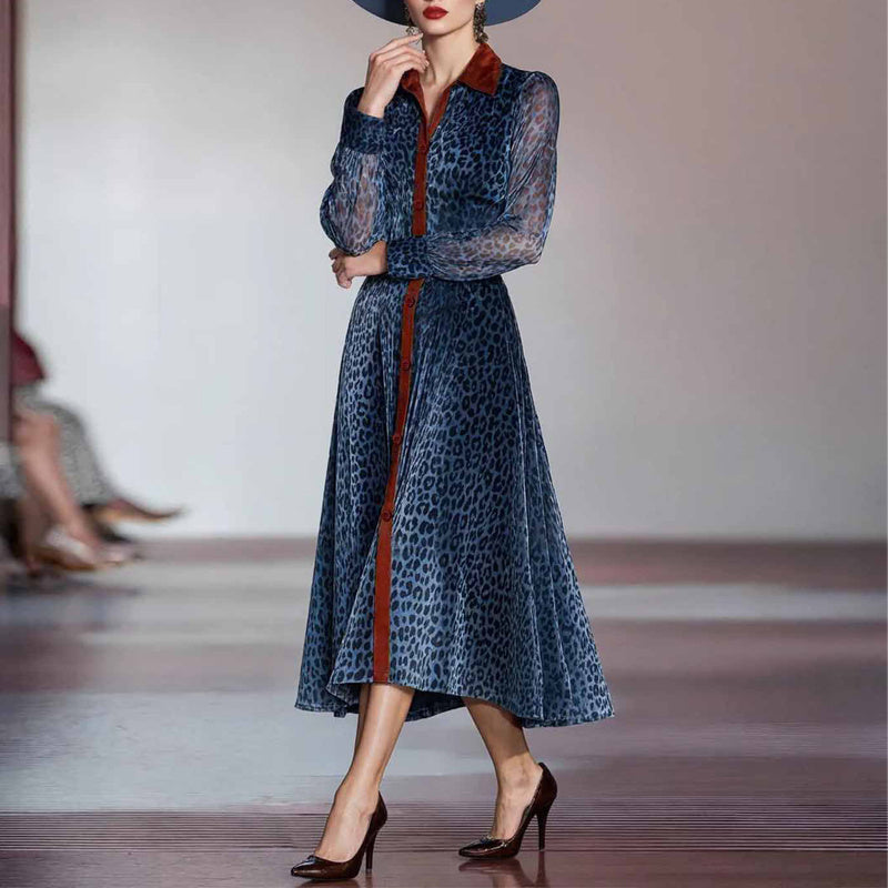 Women's Fashion Leopard Print Lapel Dress Long Sleeve Button-Down Maxi Dress For Spring Fall