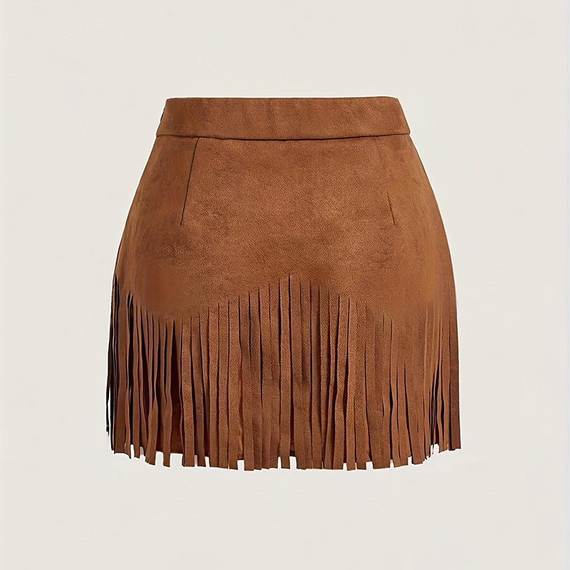 Women's Solid Color Fringe Mini Skirt, Western Style A-Line Denim Skirt With Decorative Buttons For Spring And Summer