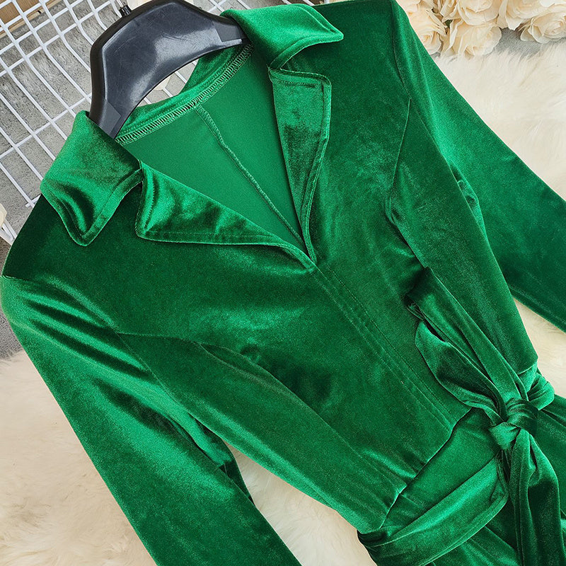 Women's Velvet Maxi Dress, Fall Long Sleeve Lapel V-Neck Casual Dress With Belt