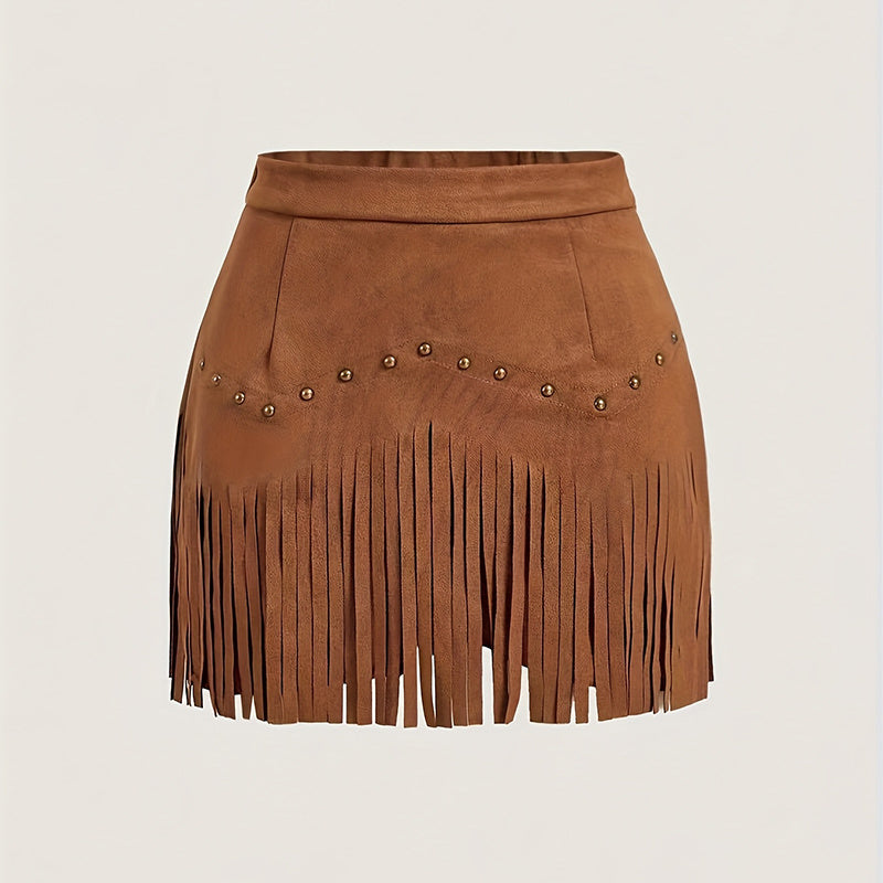 Women's Solid Color Fringe Mini Skirt, Western Style A-Line Denim Skirt With Decorative Buttons For Spring And Summer