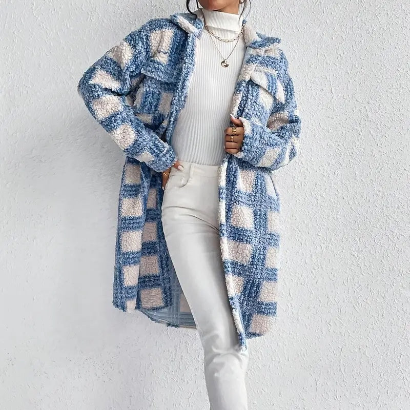 Women's Lightweight Plaid Jacket, Button Down Fleece Jacket, Long Sleeve Fall Outerwear Coat