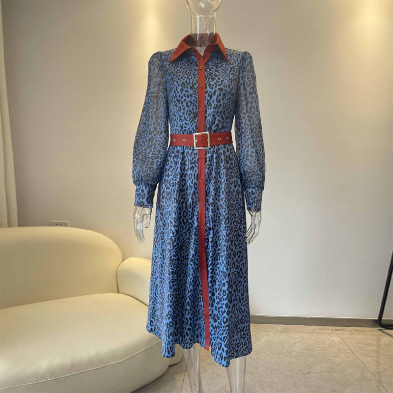 Women's Fashion Leopard Print Lapel Dress Long Sleeve Button-Down Maxi Dress For Spring Fall