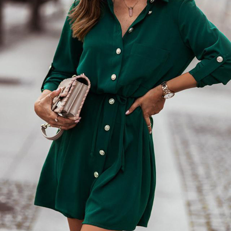 Women's Elegant Lapel Belted Shirt Dress, Long Sleeve Button-Down Tunic With Tie-Waist For Autumn And Winter