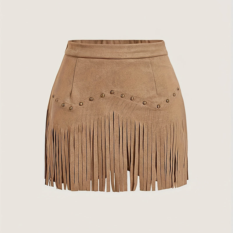 Women's Solid Color Fringe Mini Skirt, Western Style A-Line Denim Skirt With Decorative Buttons For Spring And Summer