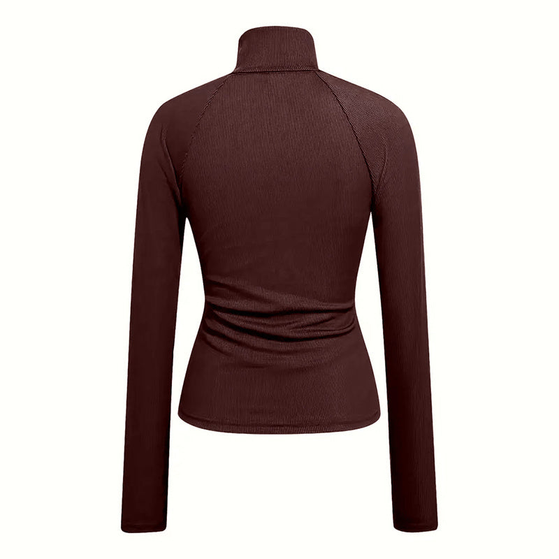 Women's Solid Color Ribbed Turtleneck Top, Half-Zip Long Sleeve Knit Shirt For Autumn
