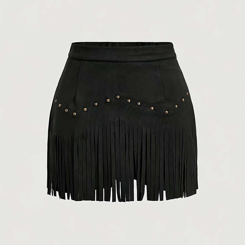 Women's Solid Color Fringe Mini Skirt, Western Style A-Line Denim Skirt With Decorative Buttons For Spring And Summer