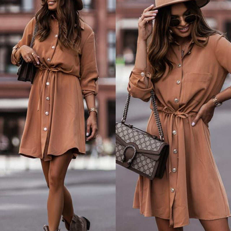 Women's Elegant Lapel Belted Shirt Dress, Long Sleeve Button-Down Tunic With Tie-Waist For Autumn And Winter
