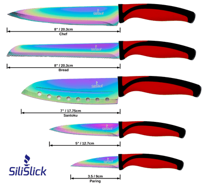 Kitchen Knife Set Kit | Red Handle & Black Magnetic Rack