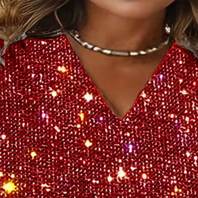 Plus Size Women's V-Neck Sparkle Top Long Sleeve Glitter Blouse For Office And Casual Wear
