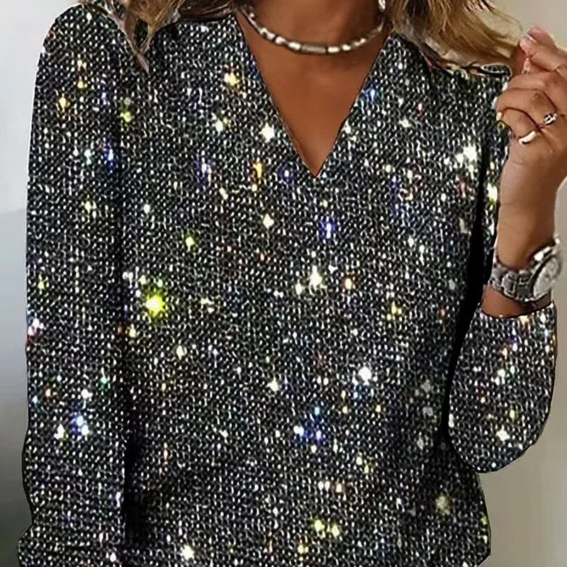 Plus Size Women's V-Neck Sparkle Top Long Sleeve Glitter Blouse For Office And Casual Wear