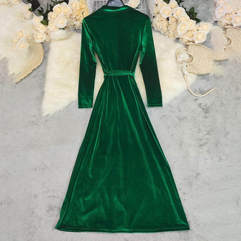 Women's Velvet Maxi Dress, Fall Long Sleeve Lapel V-Neck Casual Dress With Belt