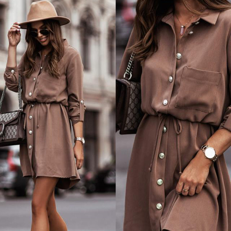 Women's Elegant Lapel Belted Shirt Dress, Long Sleeve Button-Down Tunic With Tie-Waist For Autumn And Winter