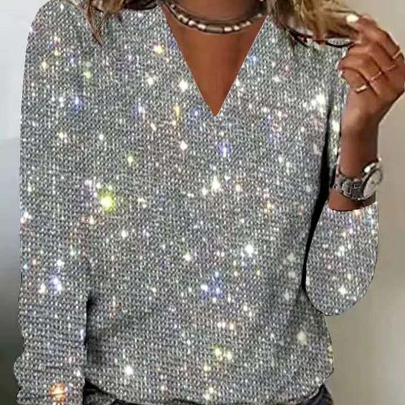 Plus Size Women's V-Neck Sparkle Top Long Sleeve Glitter Blouse For Office And Casual Wear