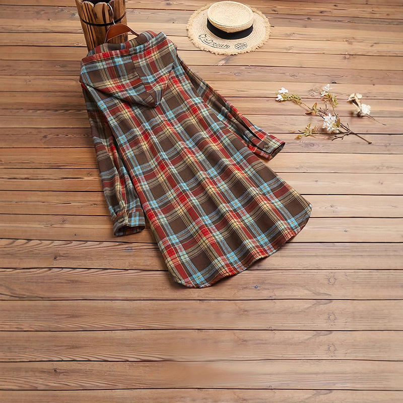 Women's Plaid Hoodie, Long Sleeve Casual Buttons V Neck Sweatshirt, Fall Fashion Tops