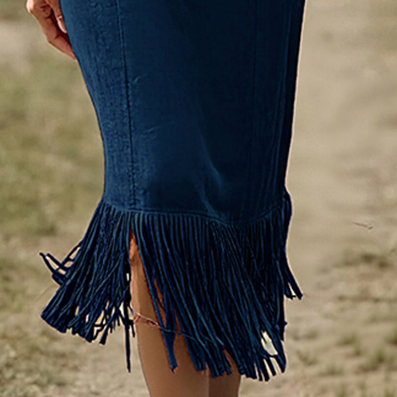 Women's Lapel Collar Maxi Dress With Fringe Hem, Contrast Trim Half-Zip Bodycon Long Dress For Spring And Fall