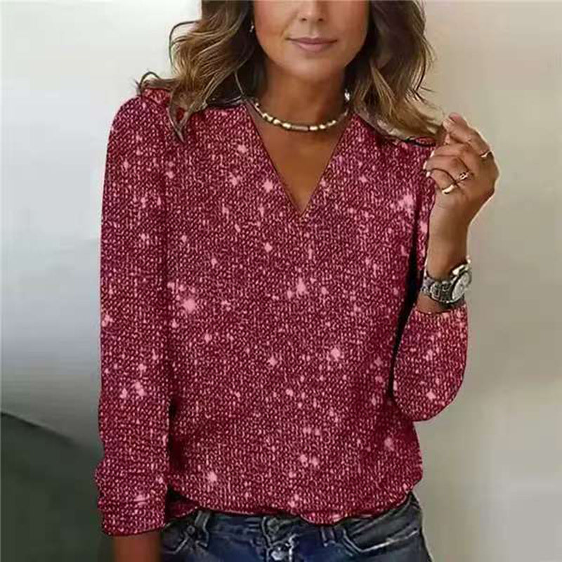 Plus Size Women's V-Neck Sparkle Top Long Sleeve Glitter Blouse For Office And Casual Wear