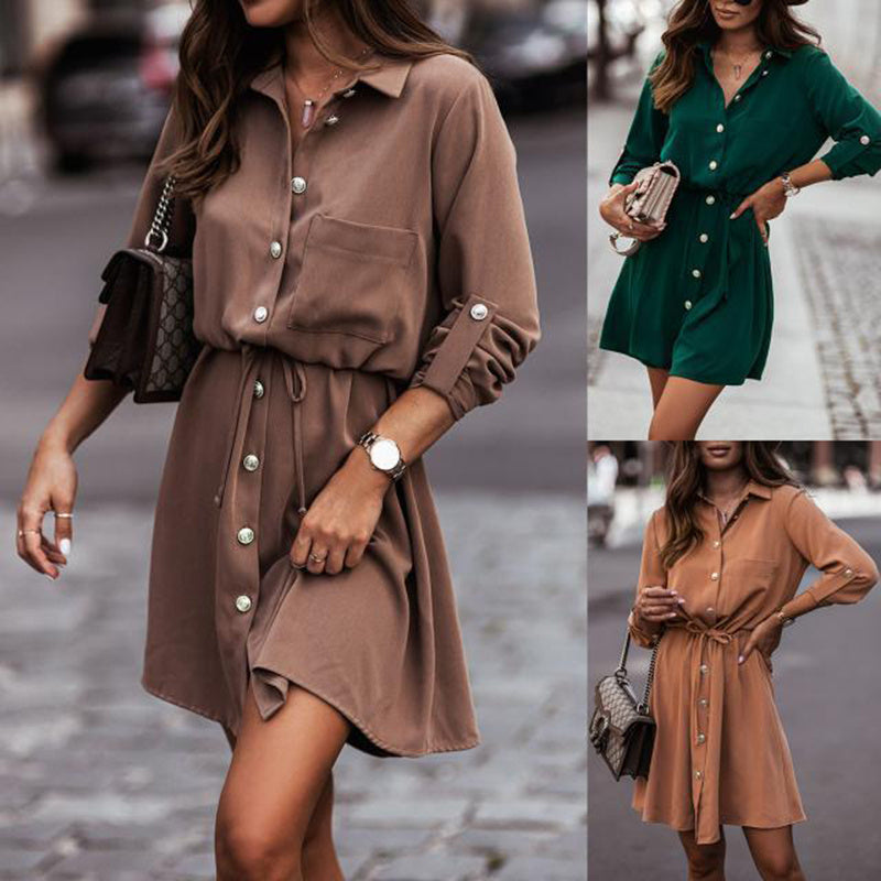 Women's Elegant Lapel Belted Shirt Dress, Long Sleeve Button-Down Tunic With Tie-Waist For Autumn And Winter