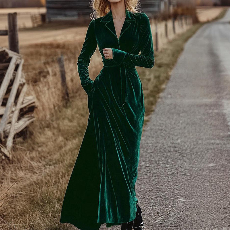 Women's Velvet Maxi Dress, Fall Long Sleeve Lapel V-Neck Casual Dress With Belt